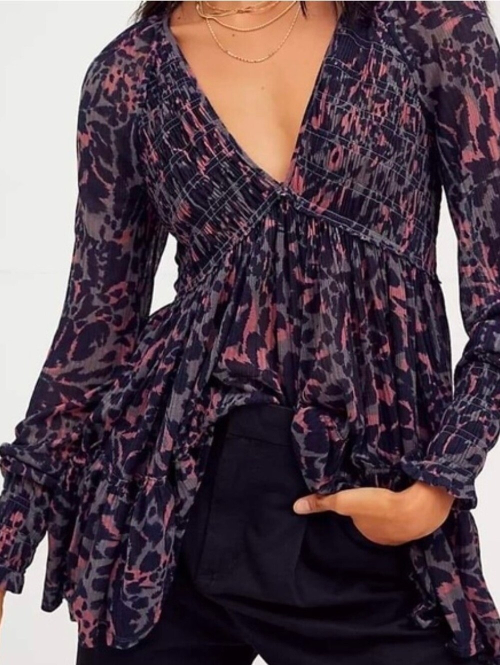 ​Free People Dark Romance Smocked V-Neck Tunic Blouse Top XS Boho Chic Sheer Top